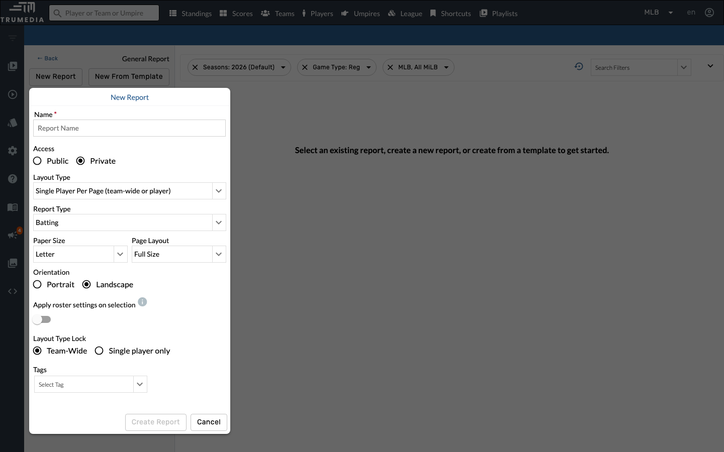 Open the New Report modal
